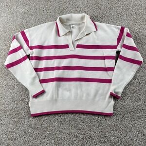 Vintage 90s Max Studio Sweater Womens Medium White Pink Collared Striped Knit